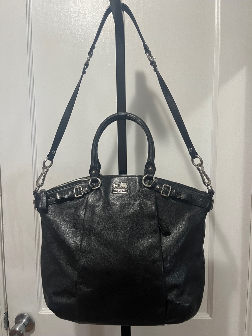 Coach Madison Lindsey Black Leather Tote with Top Handles and Removable Strap
